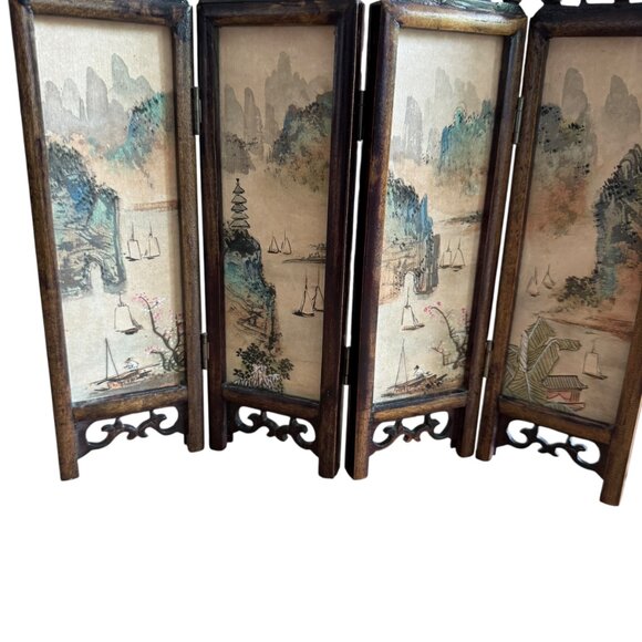 Asian Miniature Folding Screen Table Top Divider Screen Dollhouse Decor 4 Panel - Picture 13 of 16